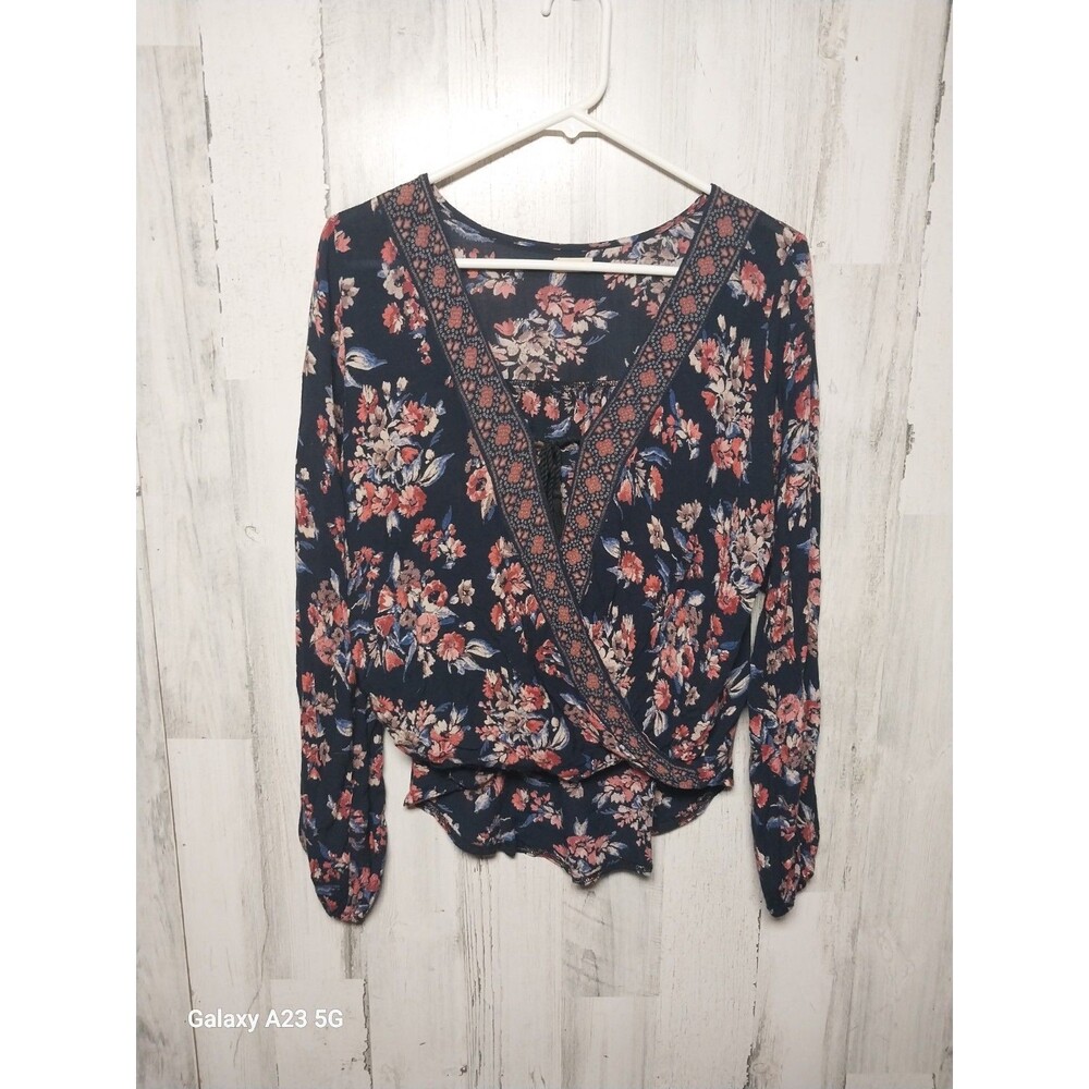HOLLISTER WRAP FRONT HIGH LOW FLORAL BOHO LONG SLEEVE BLOUSE Gause Tassle Small